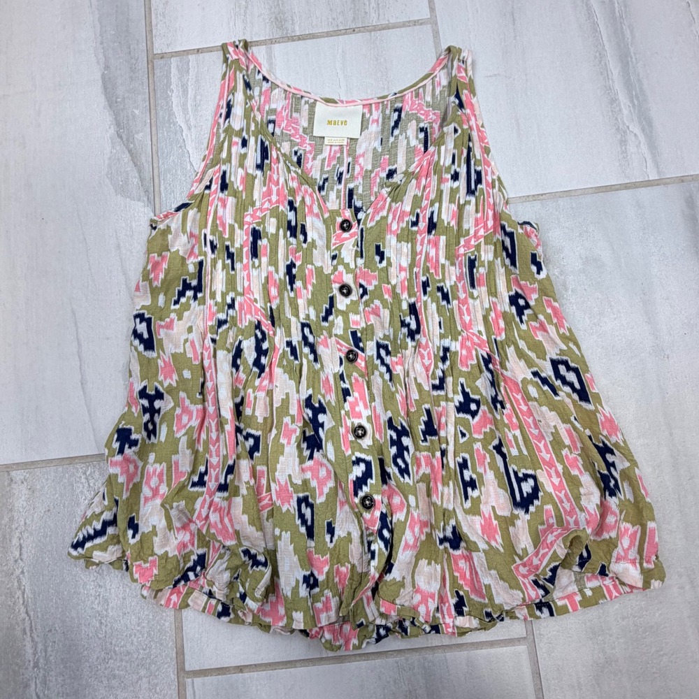 Maeve Anthropologie Pink Olive Ikat Pleated Button Front Tank Blouse Size 0